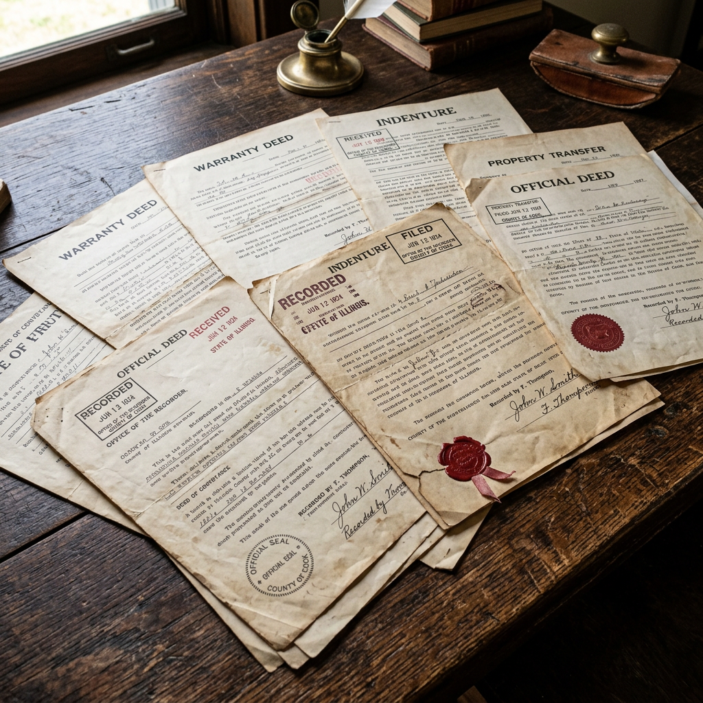 Old property deeds and legal documents with seals on wooden table