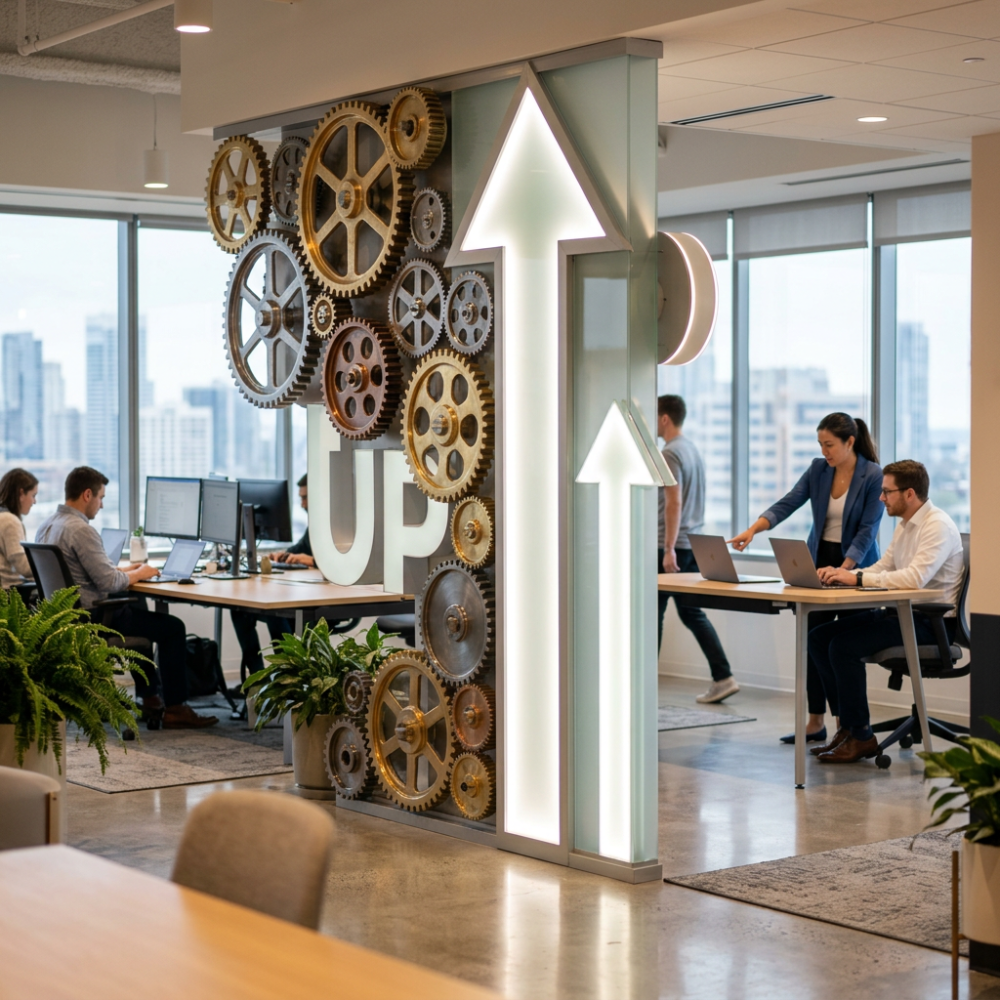 Office workspace with large gears wall decoration and illuminated arrows, people working at desks with laptops
