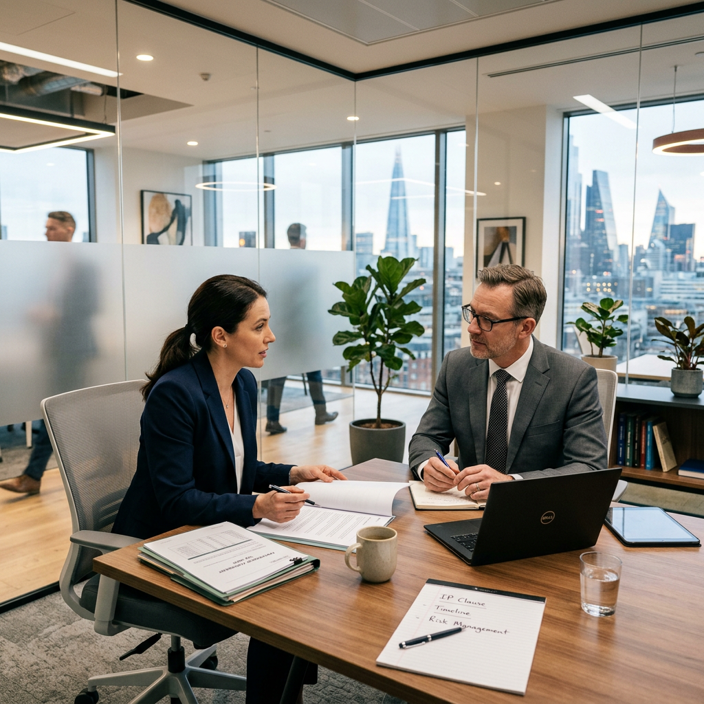 Two business professionals discussing paperwork at a desk with laptop and notepad