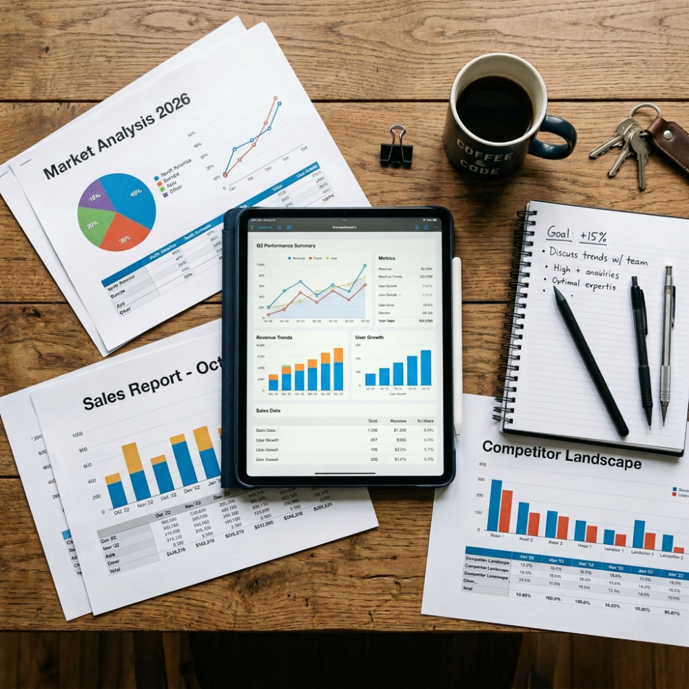 Tablet showing business performance charts surrounded by printed reports, a notebook with handwritten goals, pens, coffee mug, and keys