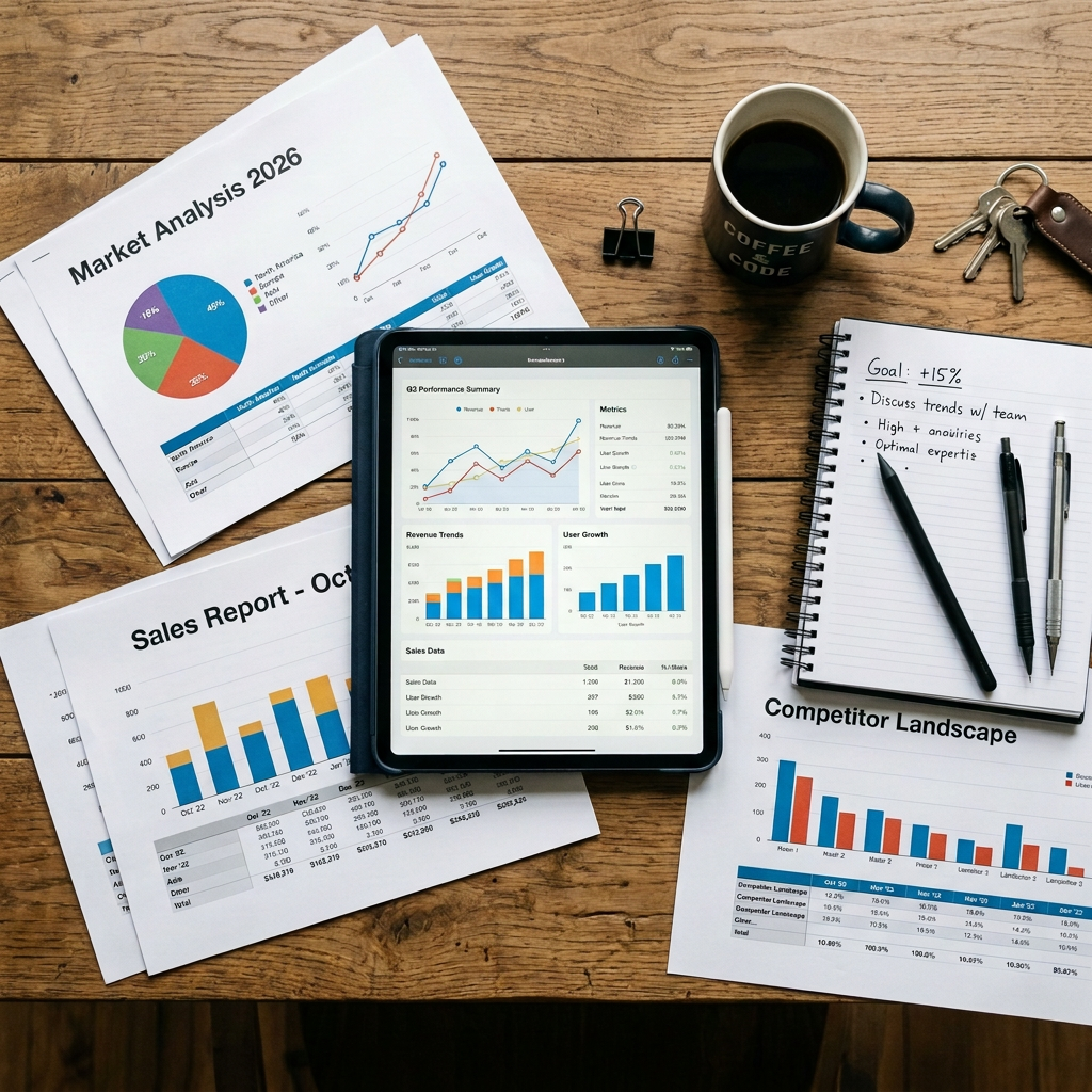 Tablet showing business performance charts surrounded by printed reports, a notebook with handwritten goals, pens, coffee mug, and keys